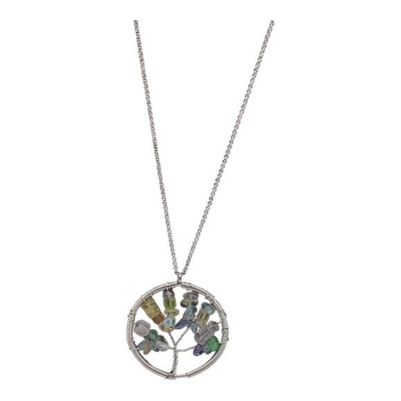 Tree Of Life Necklace With Natural Gemstones Rainbow Chain Circle Pendant - Picture 4 of 10